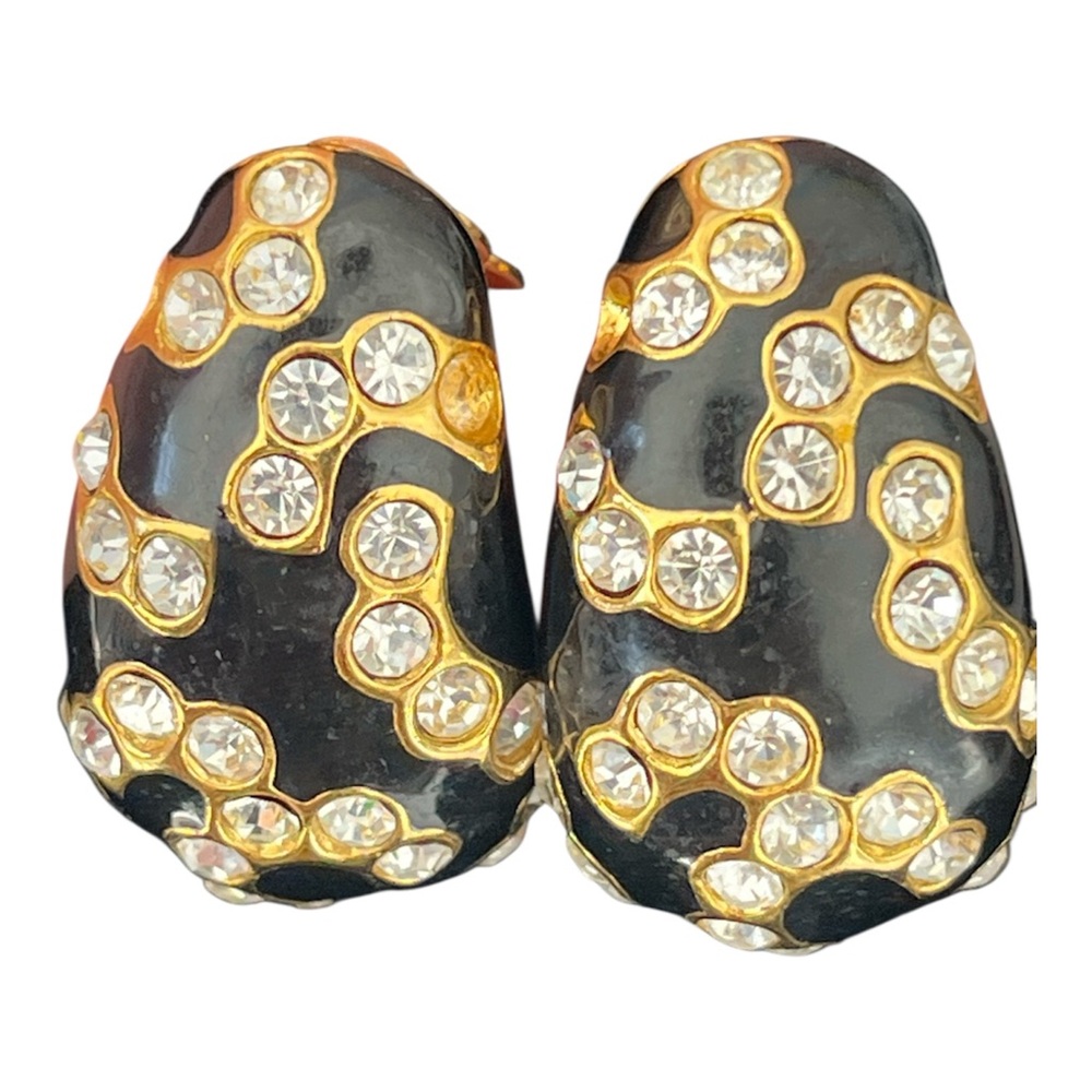 Oscar de la Renta Black Enamel Crystal Gold Tone Clip On Earrings Vintage